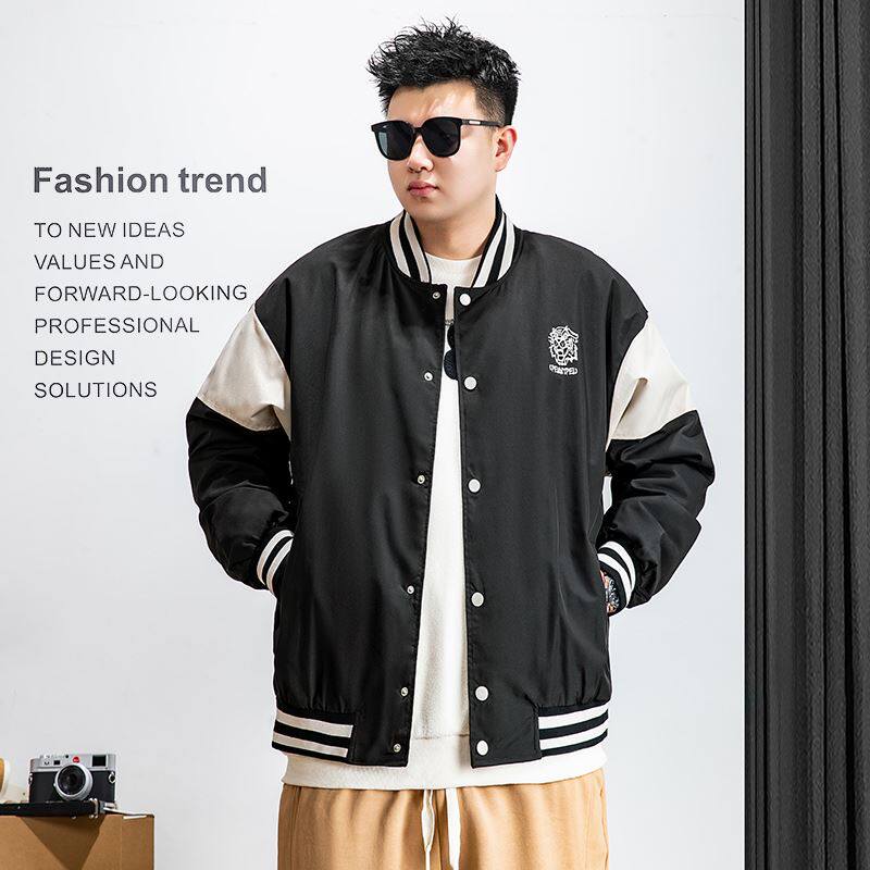 纺布者春秋加肥加大宽松大码棒球领夹克男潮胖子拼接撞色男士外套