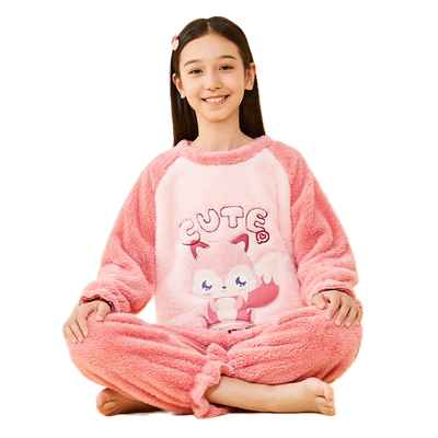 顶瓜瓜儿童睡衣冬款加绒加厚款女童法兰绒家居服套装中大童珊瑚绒