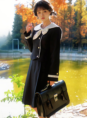 空气站台空檐花斜襟西装套装学院风校供箱褶绀色ik制服西装秋季校