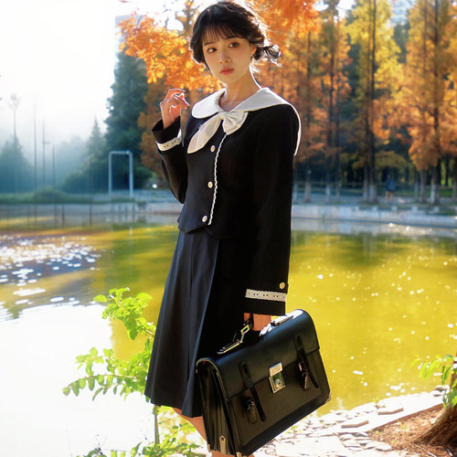 空气站台空檐花斜襟西装套装学院风校供箱褶绀色ik制服西装秋季校