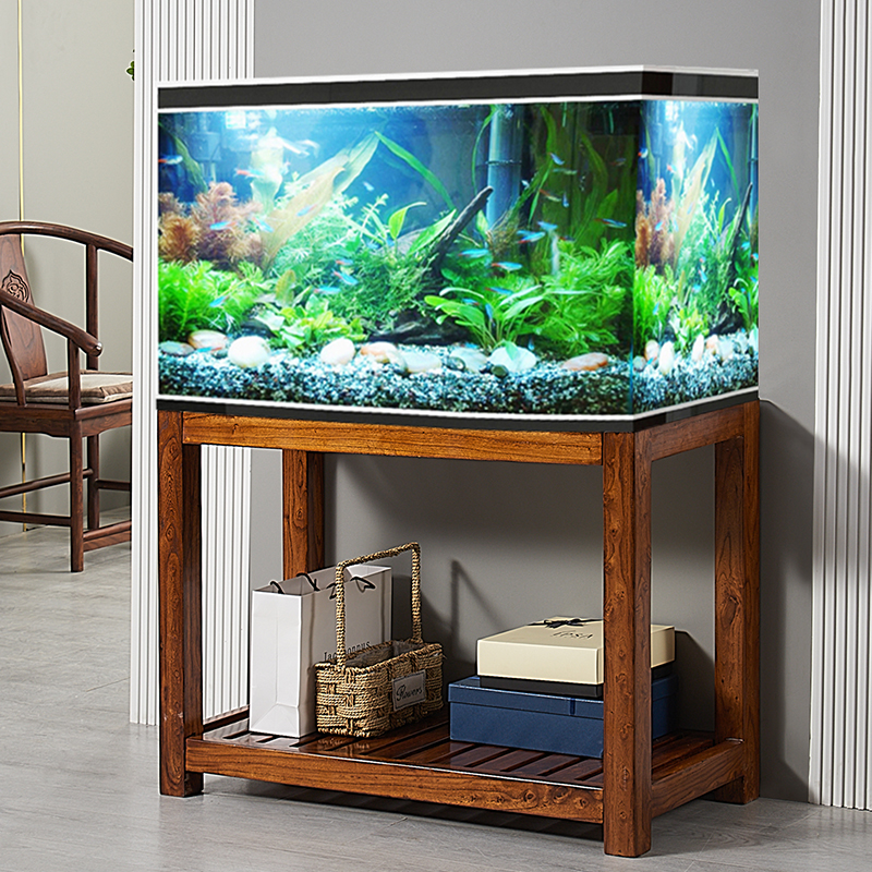 老榆木鱼缸架子实木榫卯底柜石头底座草缸架多层水U族箱桌榆木花