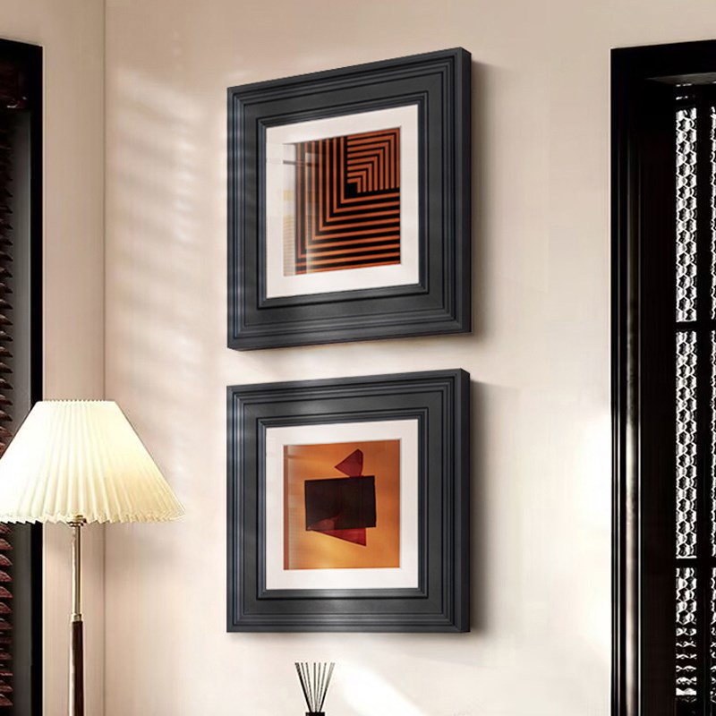 法式中古风客厅沙发背景墙装饰画黑白H玄关柜挂画几何抽象复古壁