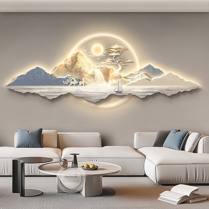 背景墙沙发客厅山水大气装饰画立体感画挂画壁灯高级背靠金山轻奢