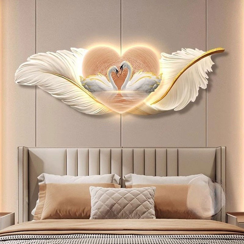 壁灯天鹅床头画卧室l装饰画轻奢高级感羽毛LED客厅挂画主卧灯光画