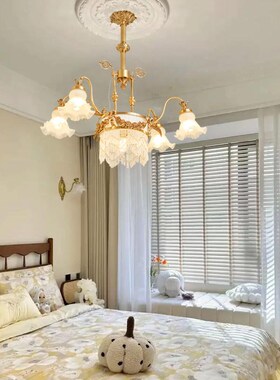 法式复古黄铜珠帘玻璃花苞客厅吊灯浪漫中古楼梯复式顶灯