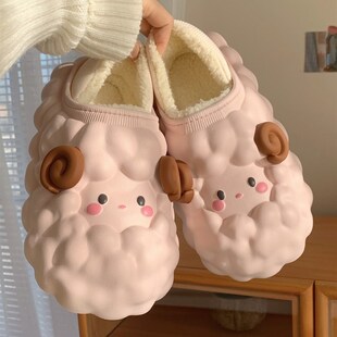 细细条可爱小绵羊亲子防水棉拖鞋冬季网红个性保暖全包跟月子鞋