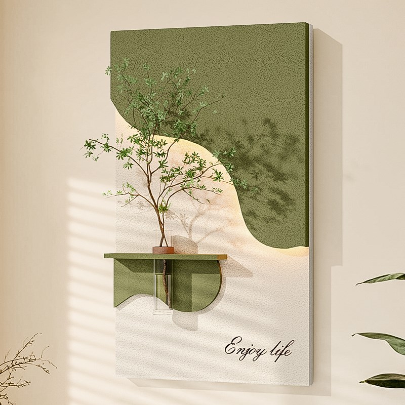 奶油风客厅装饰画高档水培绿植砂岩挂画带花瓶玄关过X道氛围灯壁