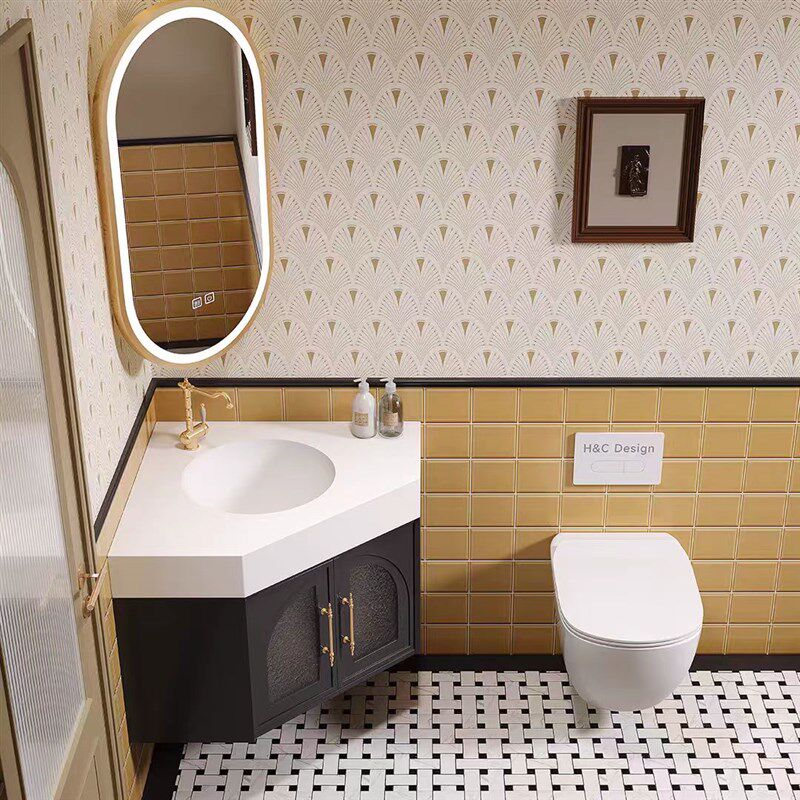 2025新款法式覆古风胡桃色橡木异形转角浴室柜组合陶瓷无缝盆定制