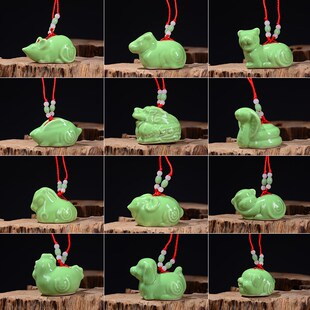 绿色德化陶瓷猪羊小12生肖牛虎兔招财风水摆龙蛇马猴鸡狗鼠的挂件