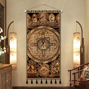 藏式唐卡挂画布艺挂毯装饰画竖版壁画墙布玄关过道挂布背景布定制