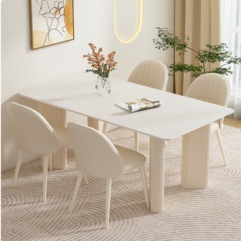奶油风纯白岩板餐桌q现代简约轻奢小户型家用长方形餐桌椅