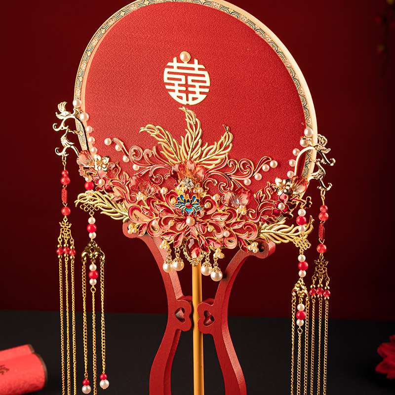 婉晶新中式婚礼红色秀禾扇手工高级感喜扇diy材料包结婚新娘团扇