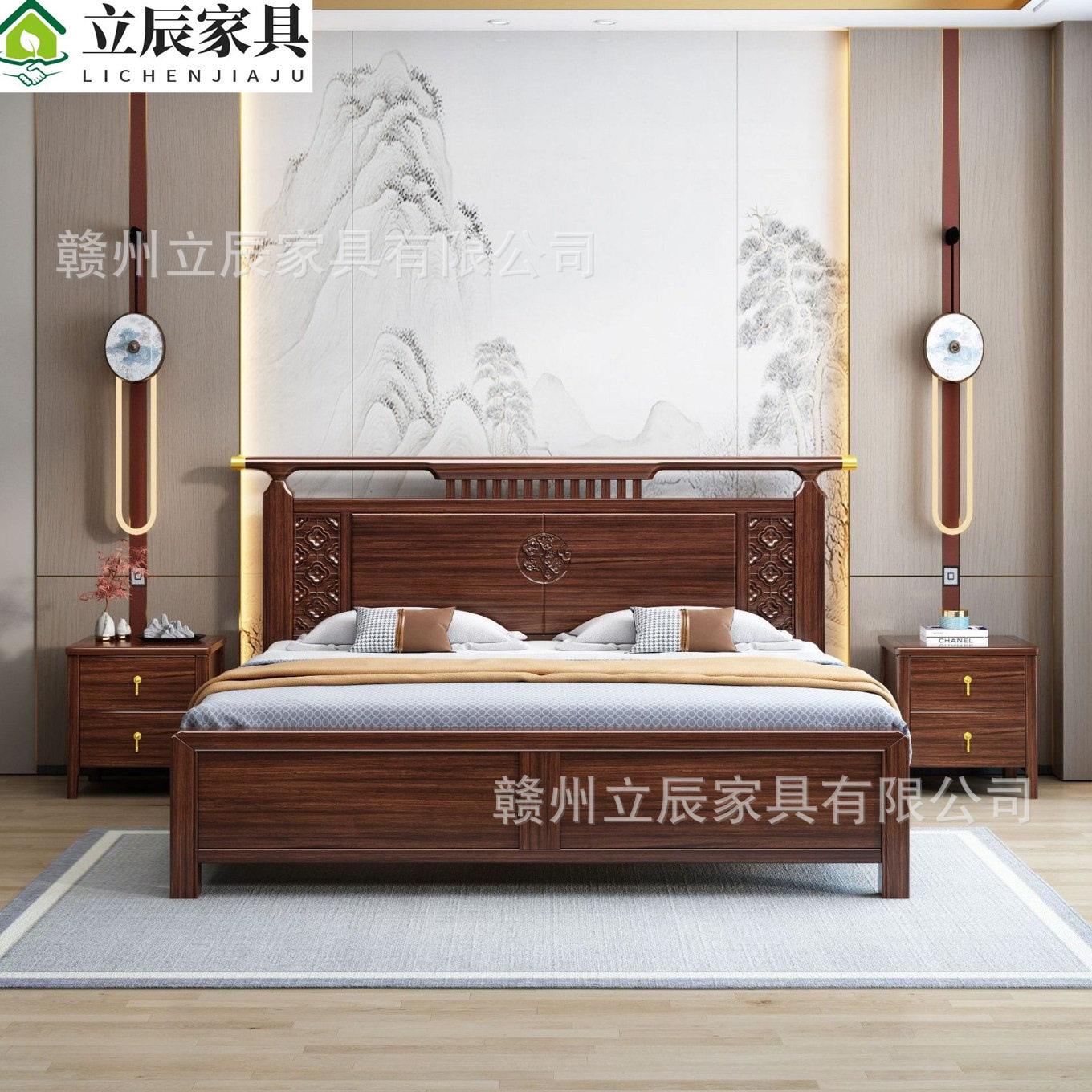 新中式乌金木实木床1.8米婚床现代简约卧室1.5米双人储物主卧大床