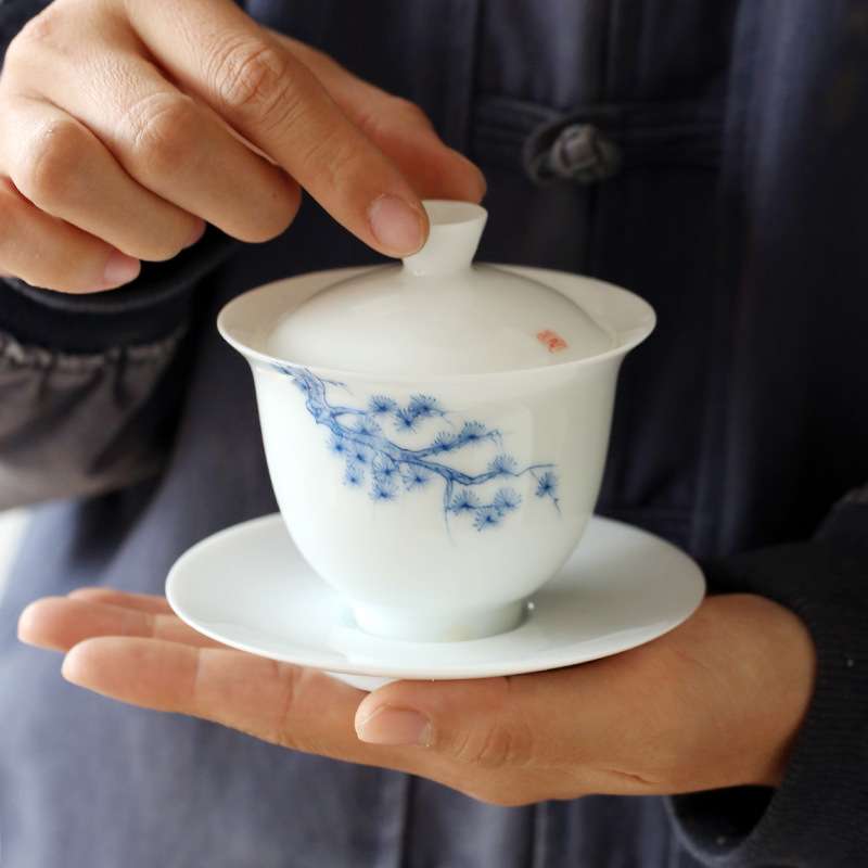 玉泥手绘德化白瓷三才盖碗不烫手大号功夫三才碗陶瓷泡茶杯敬茶碗