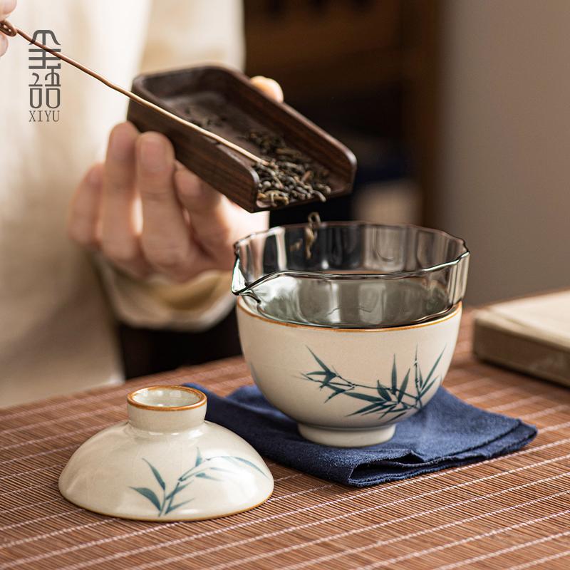汝窑便携式旅行茶具开片可养中式手绘墨竹个人专用快客杯一壶一杯