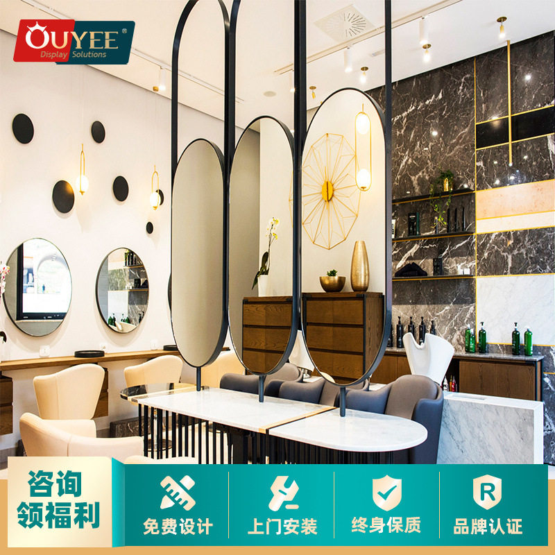 时尚理发店美发镜台双面镜子带灯 整店设计化妆镜台皮质桌椅套装