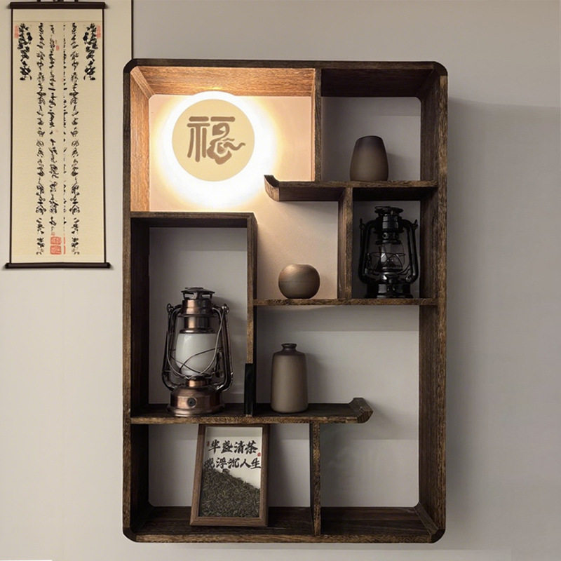 2026壁式悬挂中式摆件茶具实木置物架收纳实木格子展示架实木博古