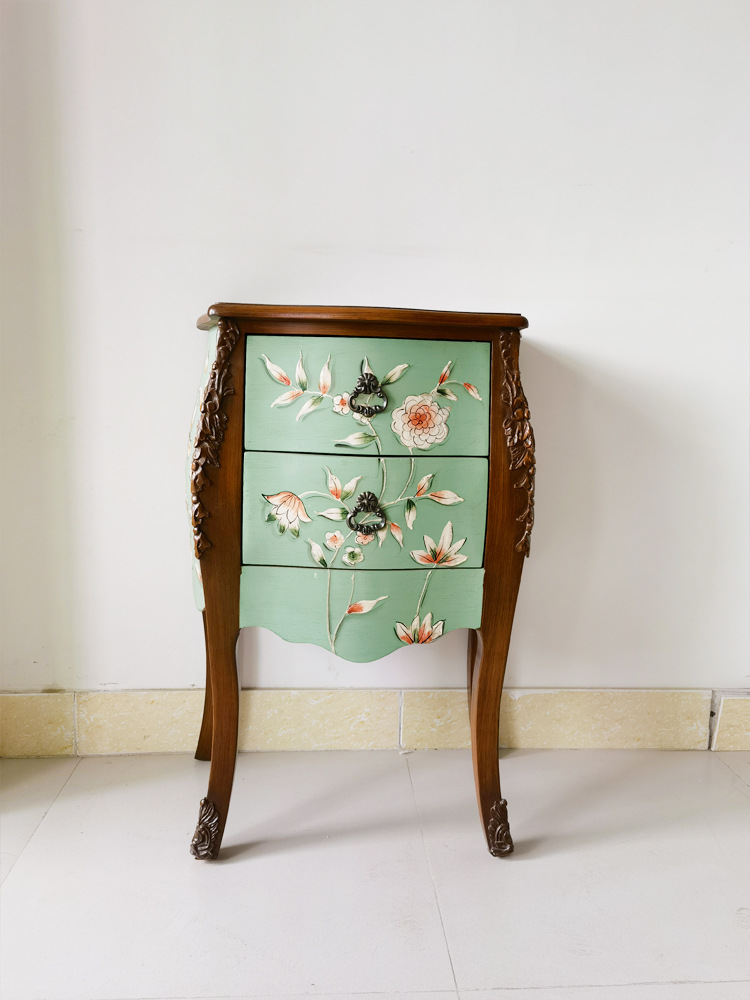 至高美法式边几柜子实木床头柜两斗边桌复古彩绘沙发角几工厂批发