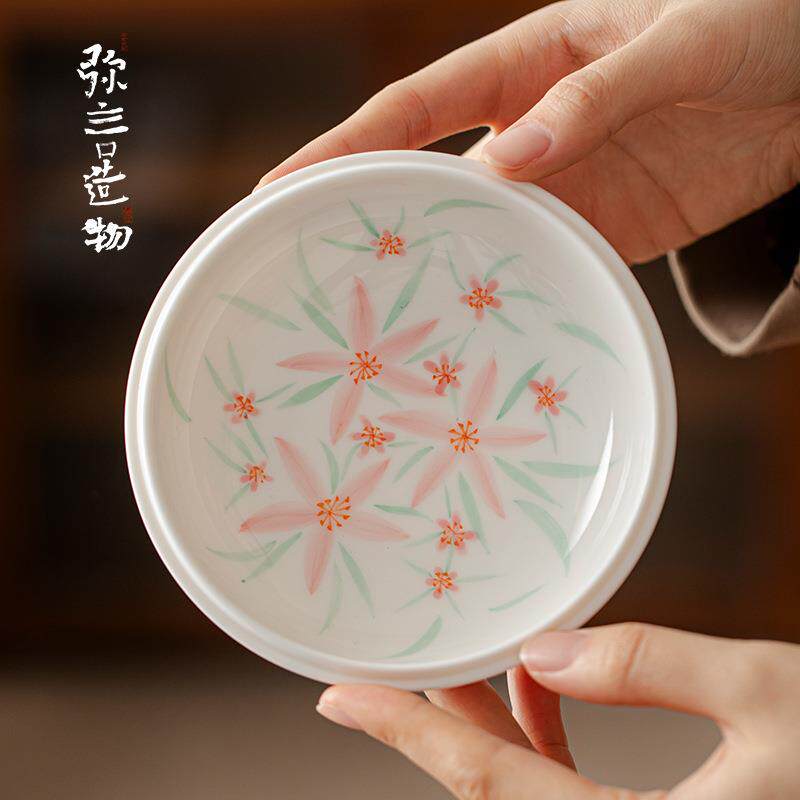 弥言陶瓷壶承创意手绘花卉干泡盘蓄水茶台家用果盘点心盘茶道配件