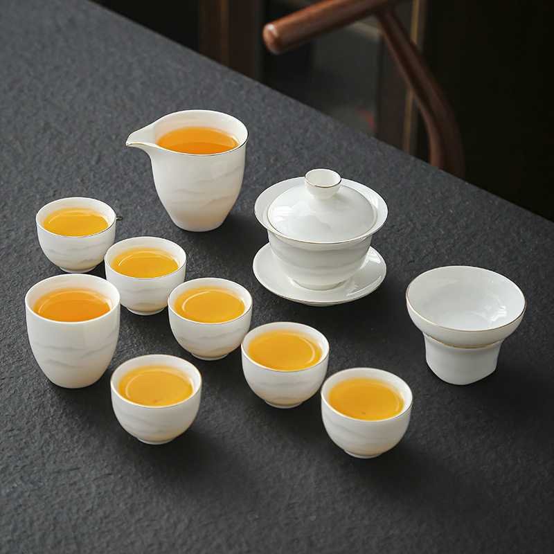 晟翔陶瓷茶具羊脂玉现代简约水墨峰盖碗主人杯11件