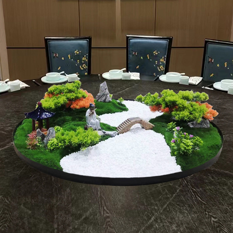 新中式酒店会所大餐桌圆桌中间转盘装饰套装仿真微景观摆件台面花