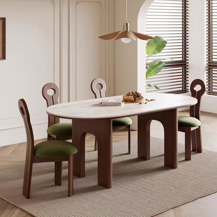 实木法式复古餐桌白蜡木餐桌高级感洞石岩板胡桃色家用椭圆形餐桌