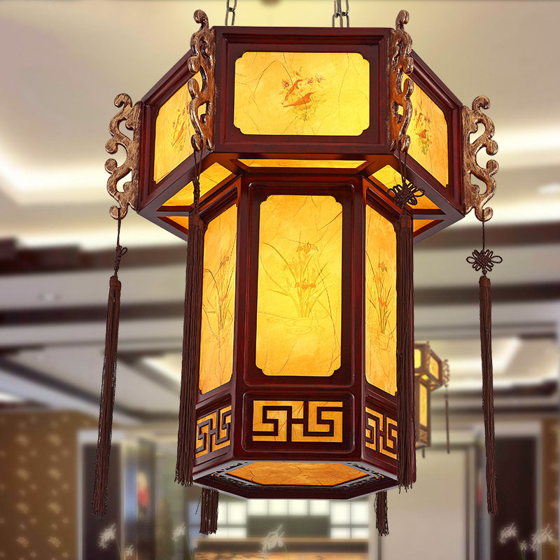中式仿古实木吊灯复式楼六角宫灯温馨卧室书房餐厅工程别墅灯笼