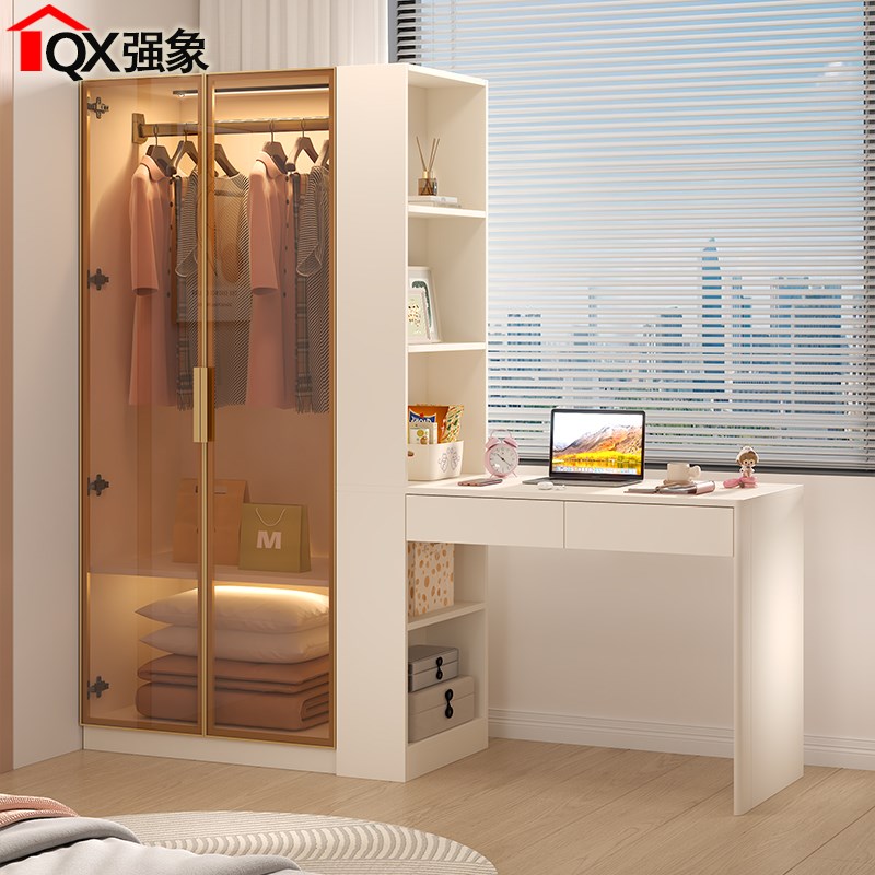 轻奢玻璃门衣柜书k桌书架一体组合电脑桌现代简约卧室学习桌柜A55