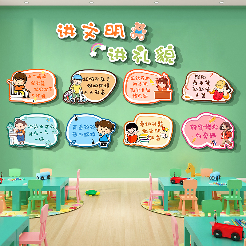 幼儿园文明礼仪墙贴环创主题墙楼梯走G廊墙面布置装X饰成品环境材