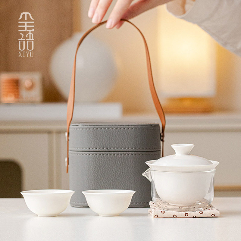 户外便携式羊脂玉瓷旅行茶具套装一壶二杯陶瓷快客杯茶杯2024新款