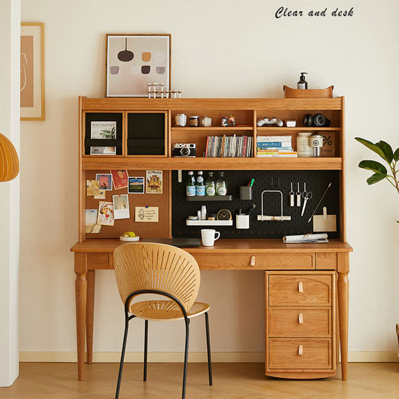 日式简约樱桃木实木书桌书架一体靠墙办公桌家用写字台黑胡桃木