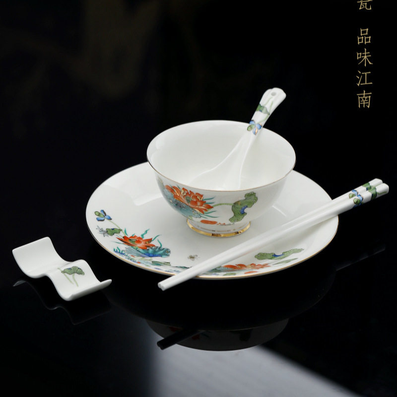 描金羊脂玉餐具一人两人六人套装高档轻奢送领导生日新年礼