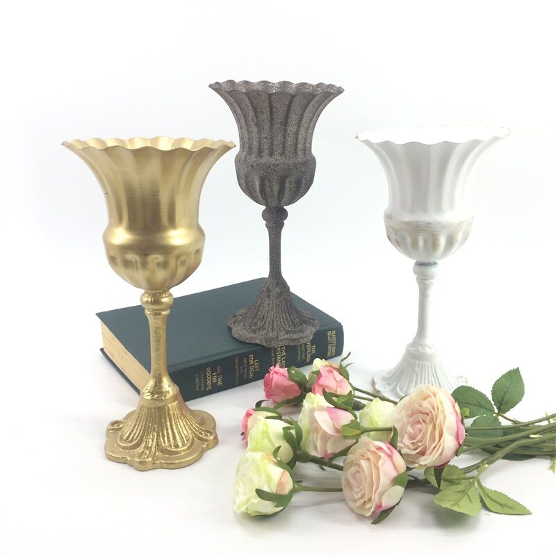 欧式铁艺插花花器铸铁工艺花瓶金属盆白擦金复古白色婚礼餐桌摆件