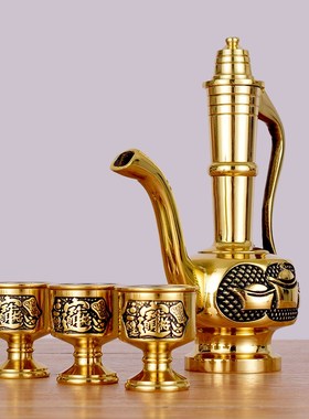 速发家用仿古供佛关公节黄纯室铜酒杯酒壶茶杯茶壶高脚供水杯庆内