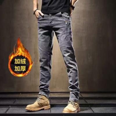 加绒男士牛仔裤秋冬款弹力修身直筒潮牌休闲裤子大码加厚保暖长裤