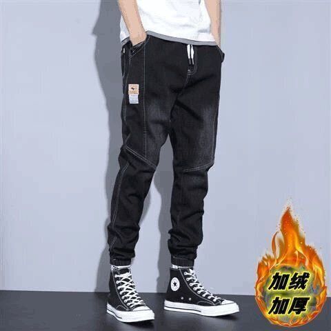 痞帅束脚加绒牛仔裤男秋冬宽松