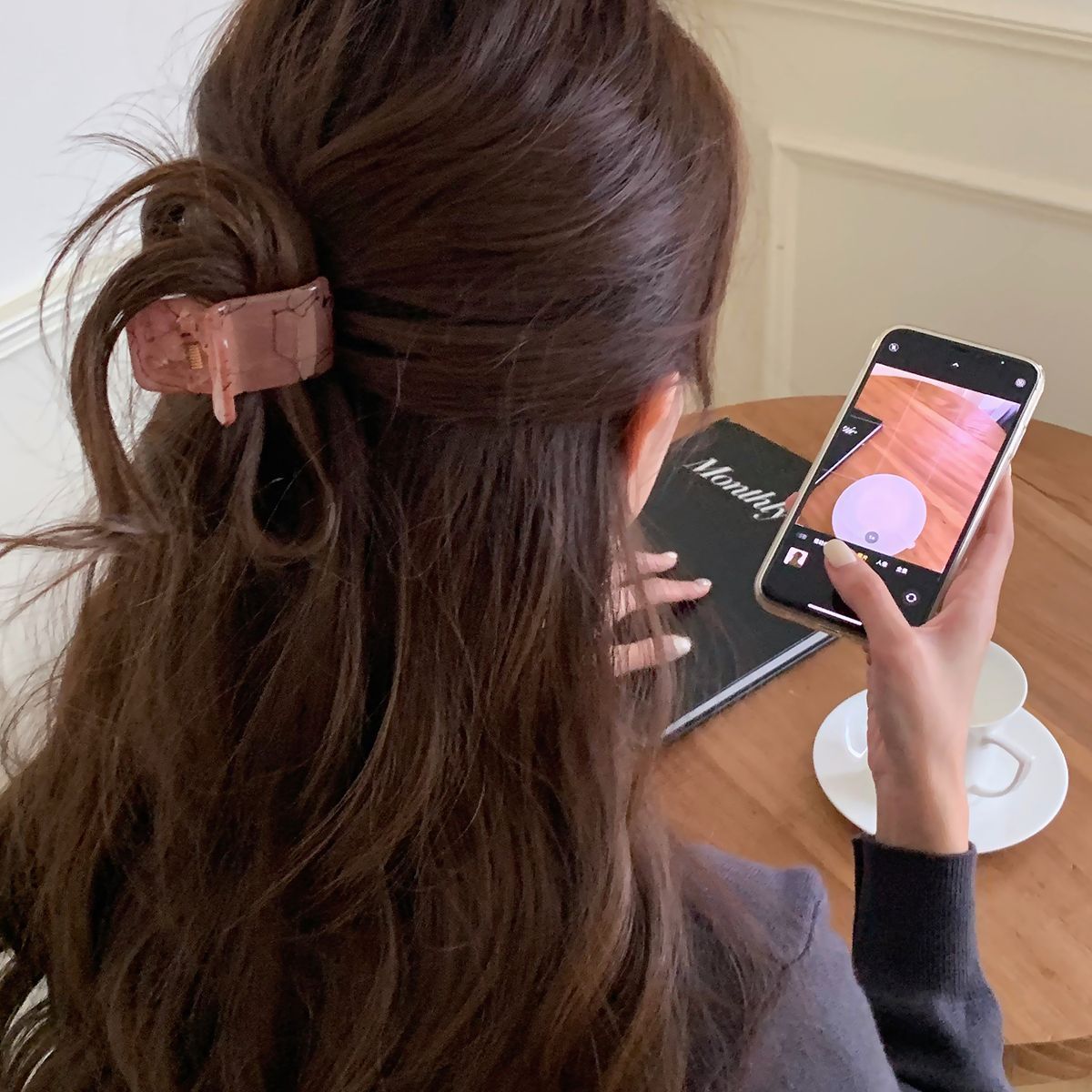 极简风线条大理石纹抓夹老钱风发抓后脑勺半扎盘发夹子发饰2025新