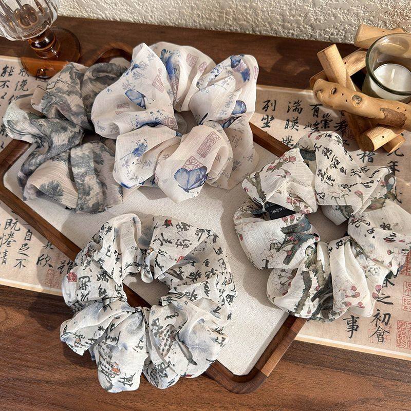 新中式水墨书法千字文蝴蝶大肠发圈新款学院复古国潮头饰发绳头绳