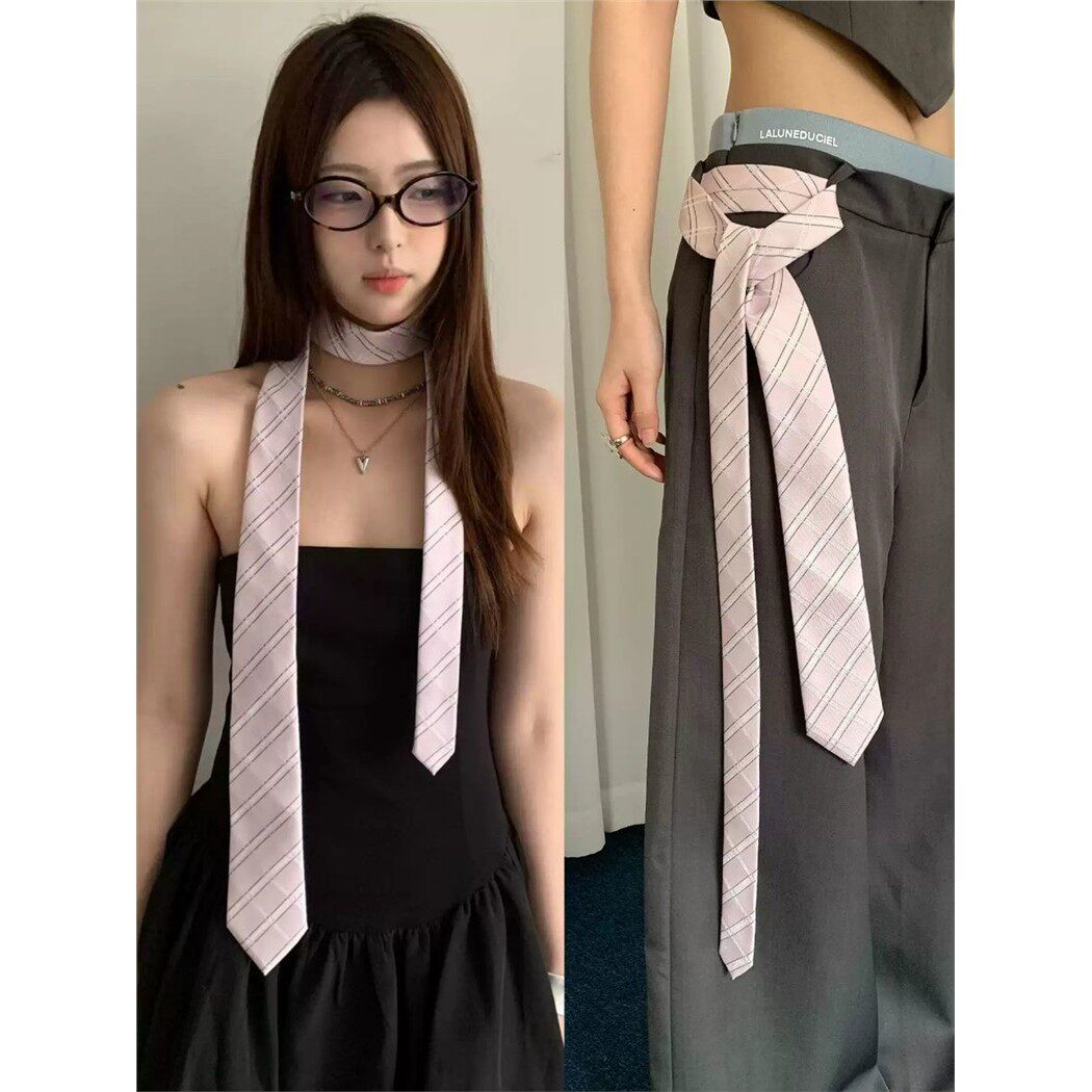 韩系高级感条纹长条丝巾女清冷高智感细窄飘带职场海妖风领结腰带