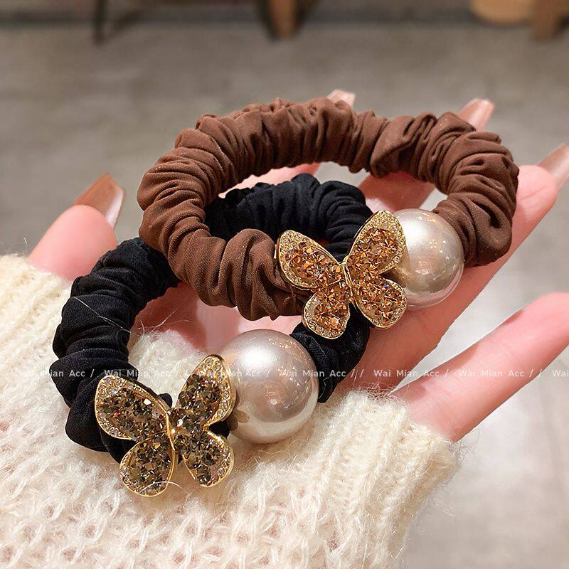 法式新款蝴蝶闪钻珍珠头绳高级少女扎丸子头发绳爆款马尾气质发圈