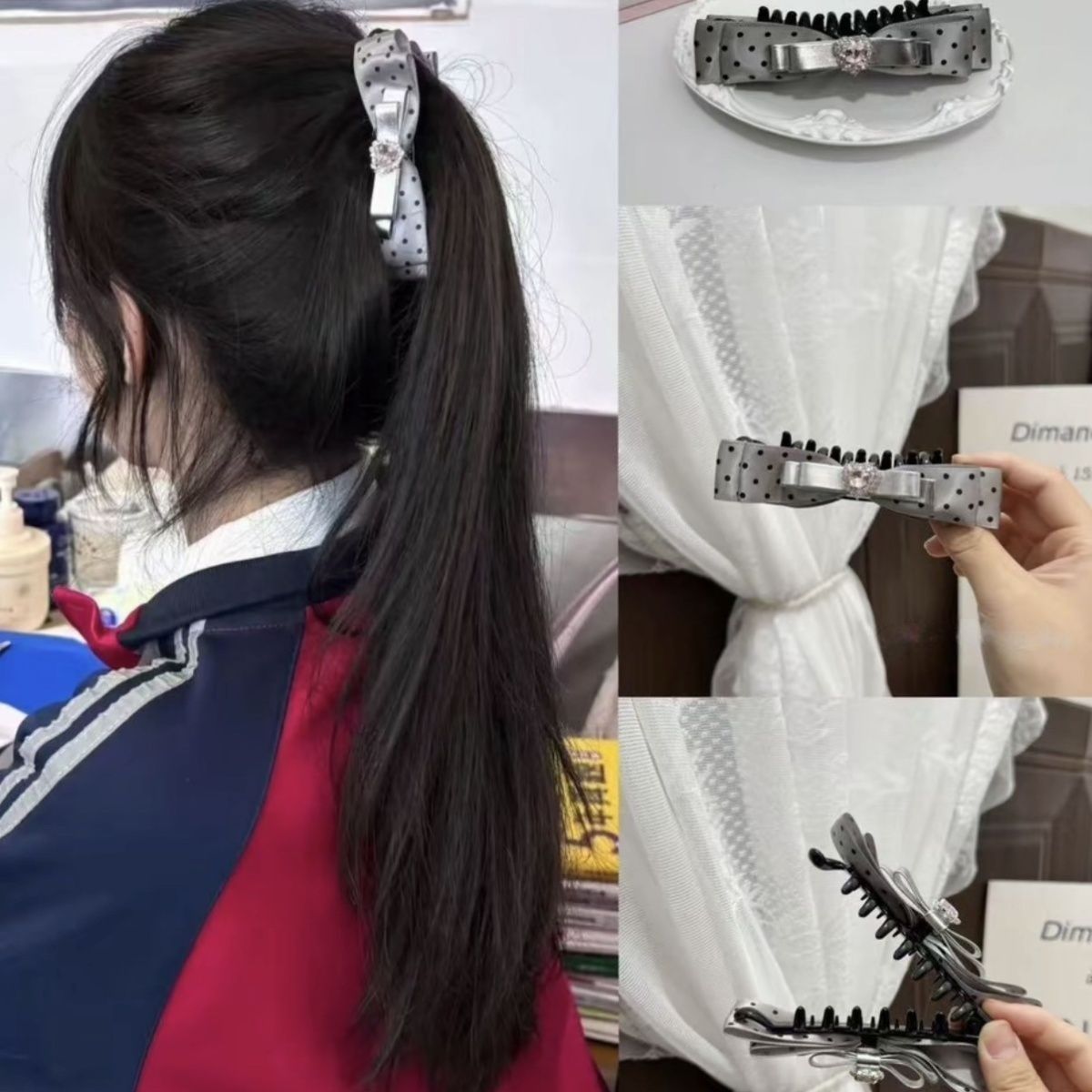 灰波点水钻蝴蝶结香蕉夹