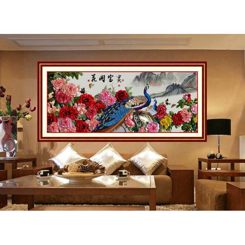 新款丝带绣挂画客厅大幅2米1花开富贵孔雀牡丹印花立体绣非十字绣