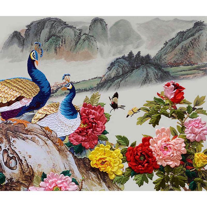 新款丝带绣挂画客厅大幅花米十字绣非牡丹2富贵1孔雀绣印花开立体