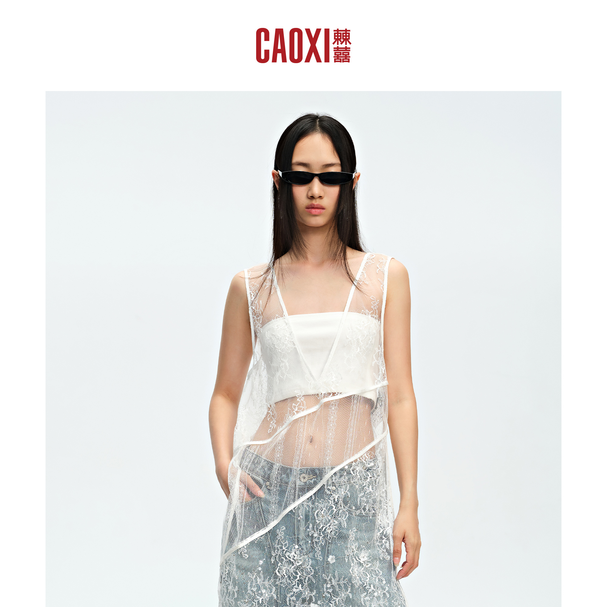 CAOXI 波嬉风罩衫裙叠穿无袖背心吊带女2025夏镂空钩花蕾丝拼接