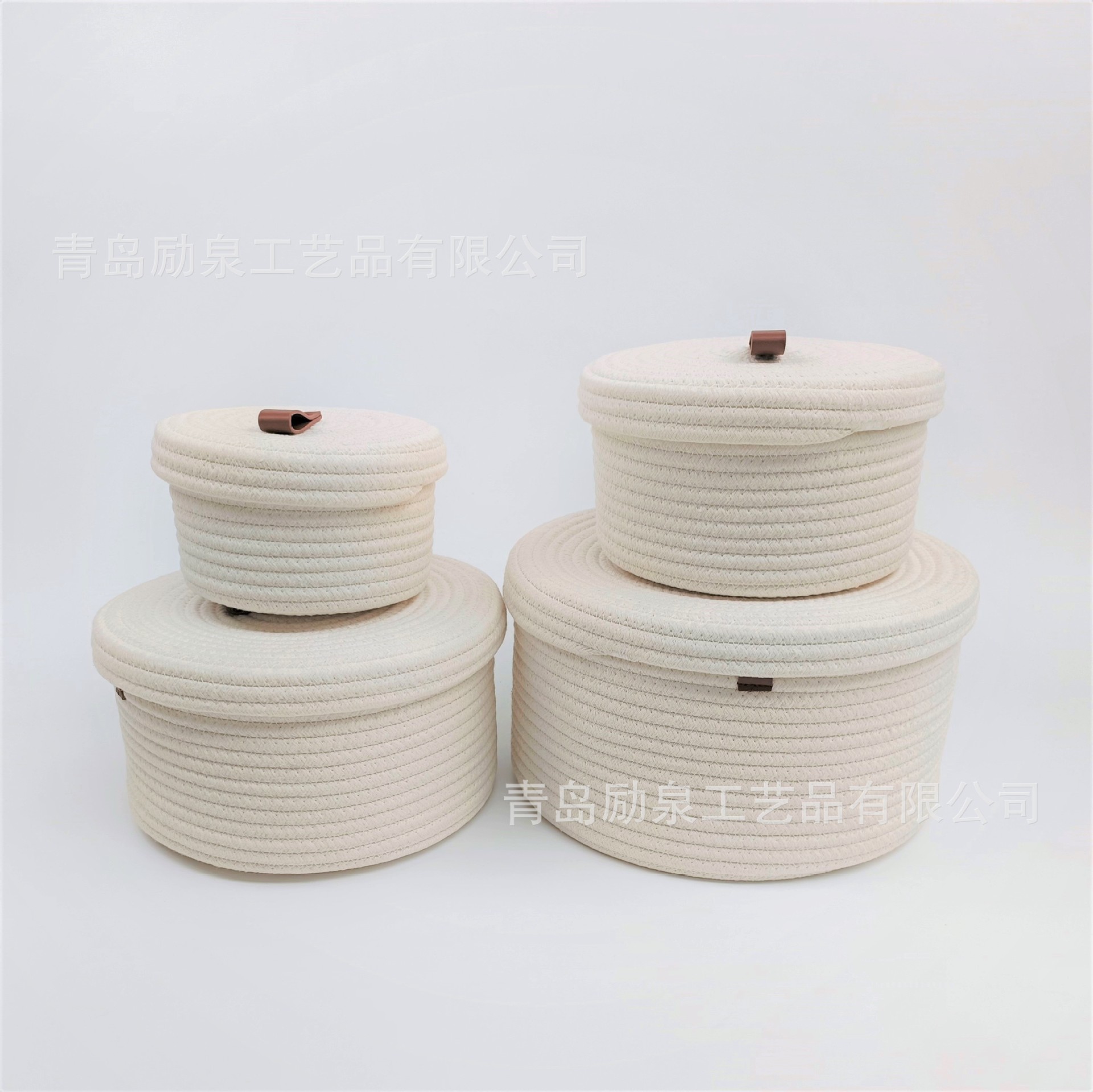 棉绳编织收纳筐编织篮小号套装带盖筐白色纯色置物篮篓子杂物收纳