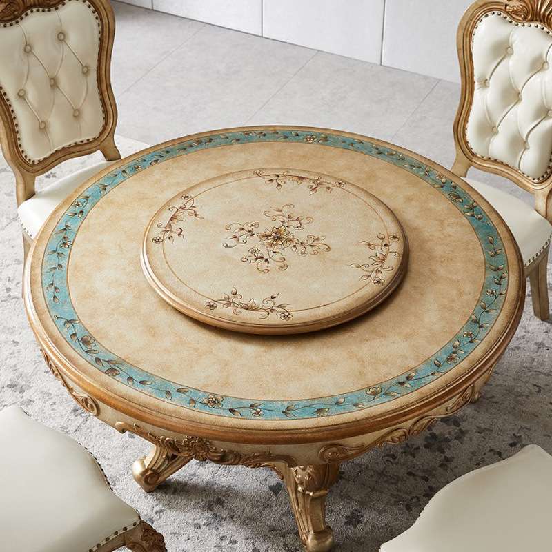香槟色实木欧式旋转餐桌椅组合餐桌圆形饭桌餐厅带转盘法式彩绘桌