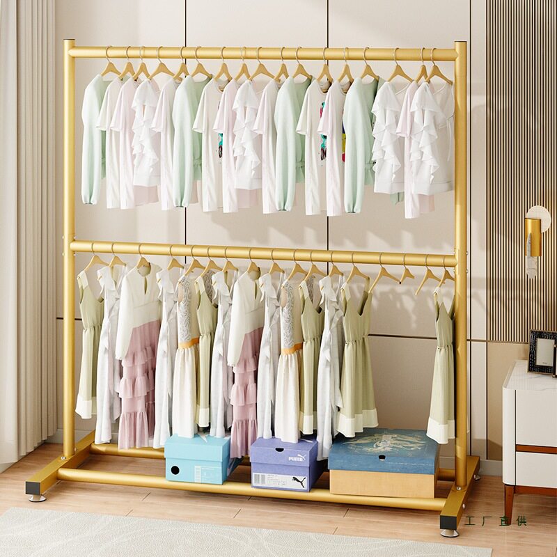 上下双层衣架衣帽架挂衣服架子家用落地卧室衣架折叠简易晾衣架子