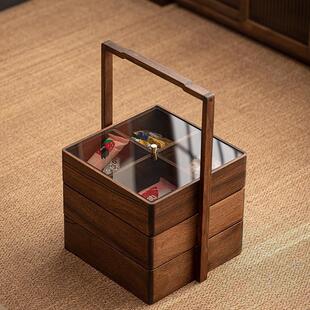 多层便携式提盒收纳盒新中式胡桃木食盒实木唐宋茶道提盒茶盒