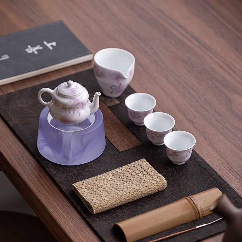手绘暮紫兰心茶壶茶具套装家用女士喝茶茶具茶杯带蜡烛温茶炉底座