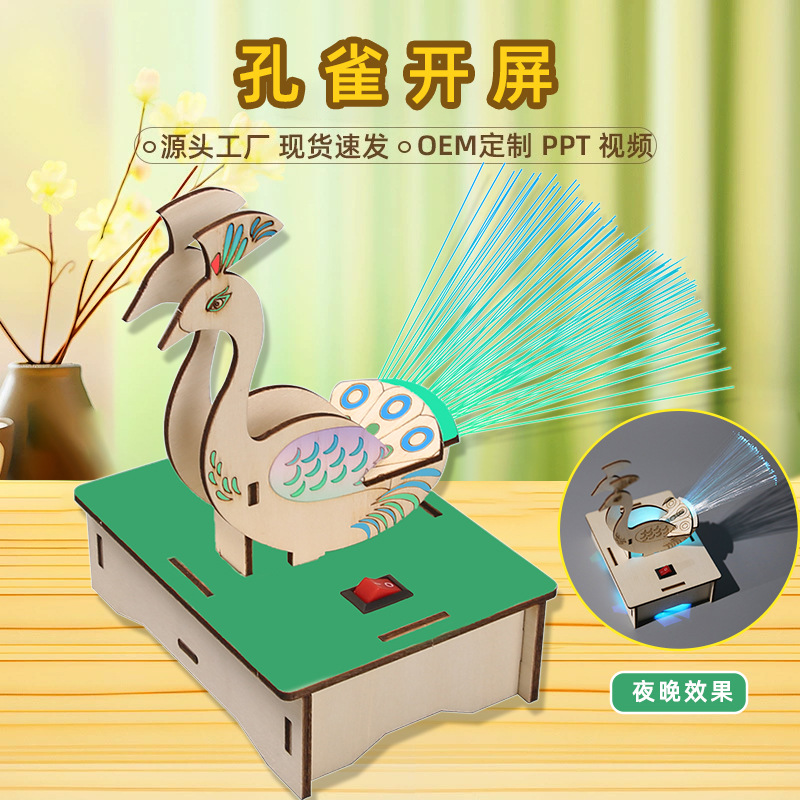 孔雀开屏七彩光纤灯科技小制作儿童DIY手工拼装科学实验发明教具